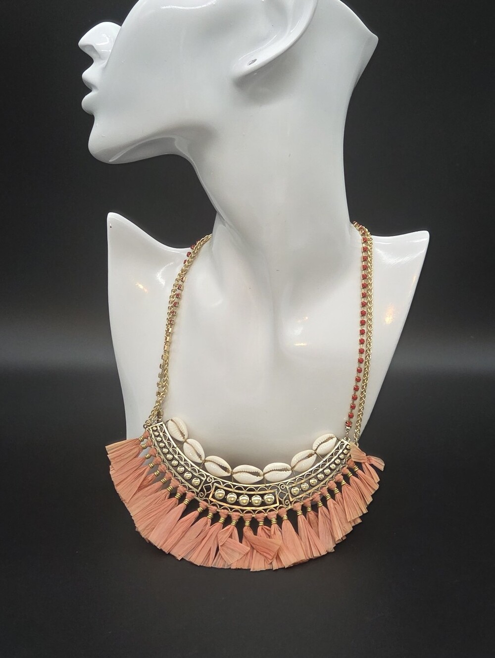 Express Boho Shell & Tassel Statement Necklace - Peach